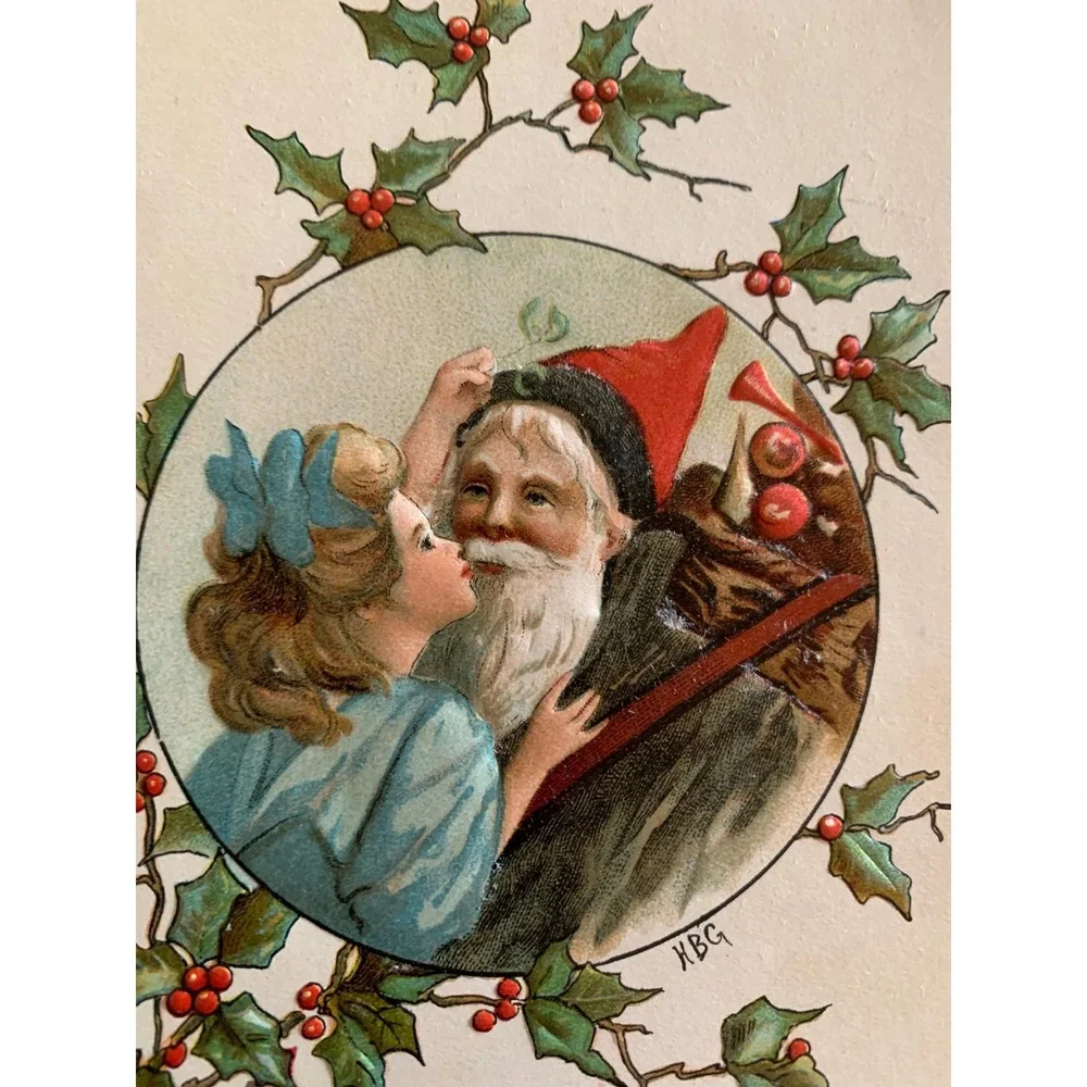 VTG Old World Germany‎ Christmas Postcard Santa Claus Holly KBG Signed Embossed